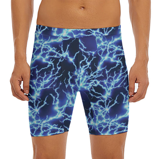 Blue Electric Lightning Print Men's Long Boxer Briefs
