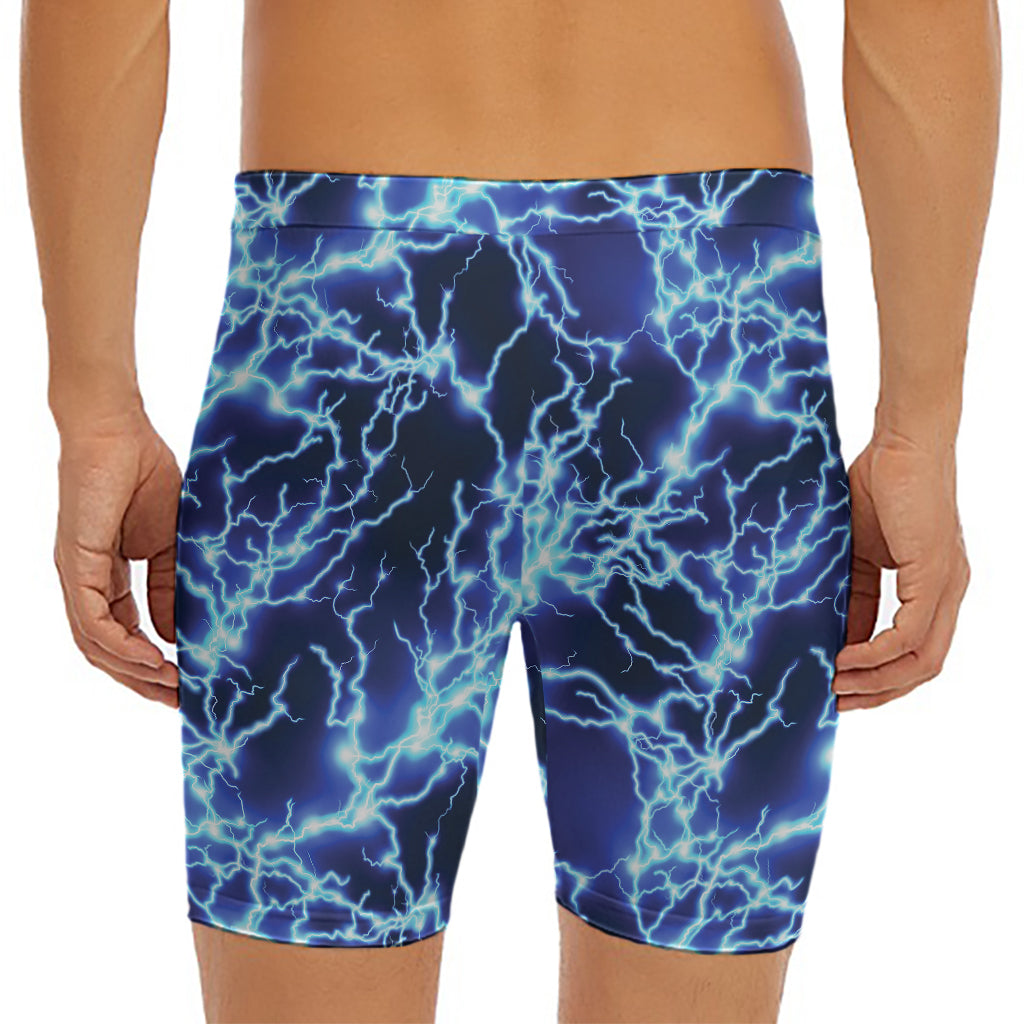 Blue Electric Lightning Print Men's Long Boxer Briefs