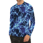 Blue Electric Lightning Print Men's Long Sleeve Rash Guard