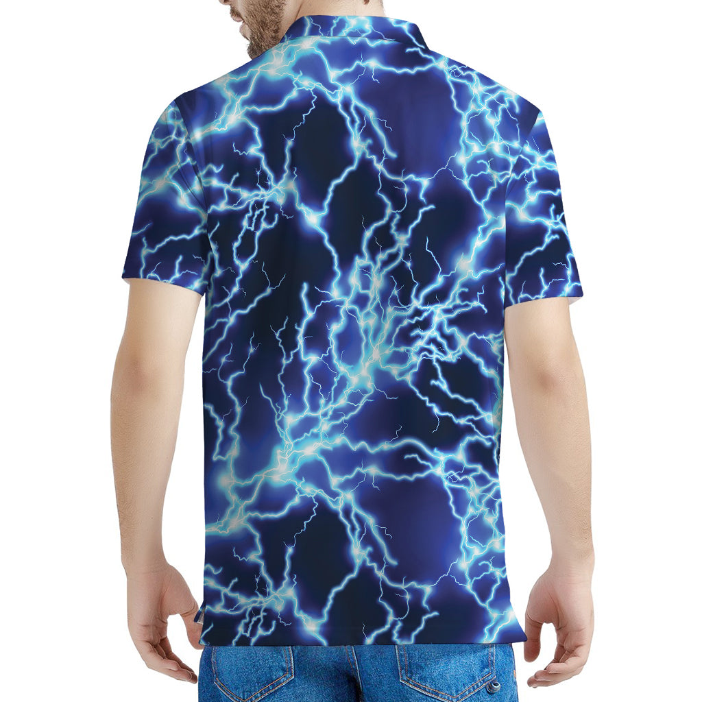 Blue Electric Lightning Print Men's Polo Shirt