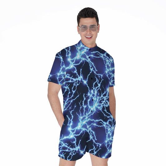 Blue Electric Lightning Print Men's Rompers