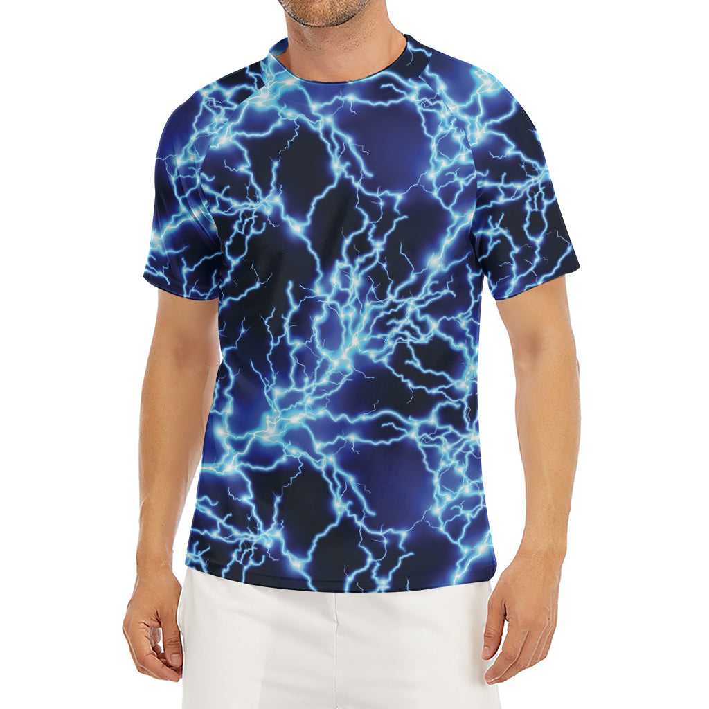 Blue Electric Lightning Print Men's Short Sleeve Rash Guard