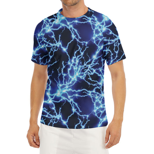Blue Electric Lightning Print Men's Short Sleeve Rash Guard