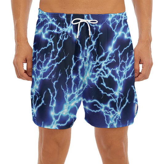 Blue Electric Lightning Print Men's Split Running Shorts