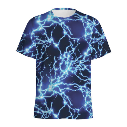 Blue Electric Lightning Print Men's Sports T-Shirt