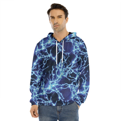 Blue Electric Lightning Print Men's Velvet Pullover Hoodie