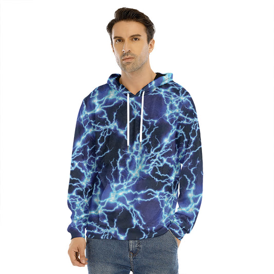 Blue Electric Lightning Print Men's Velvet Pullover Hoodie