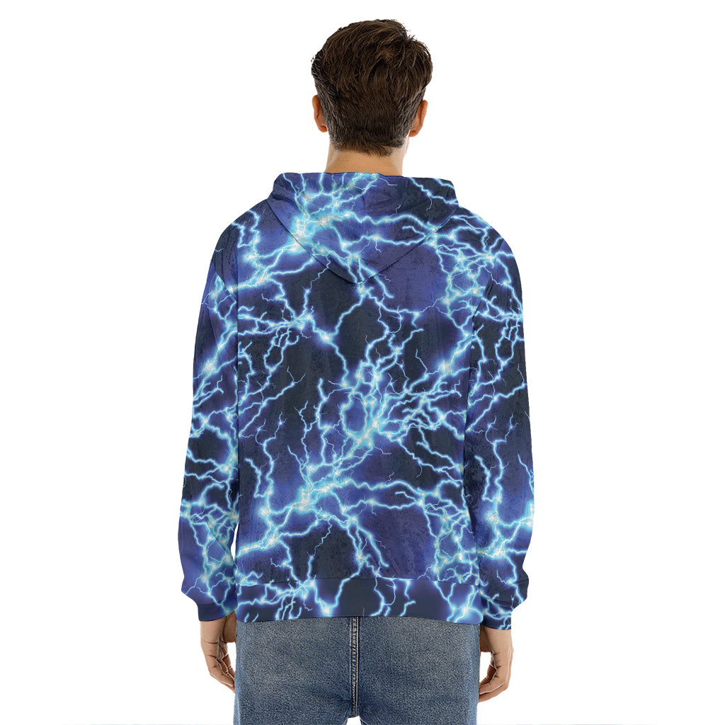 Blue Electric Lightning Print Men's Velvet Pullover Hoodie