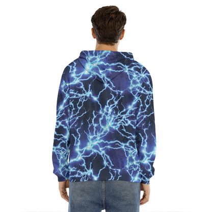 Blue Electric Lightning Print Men's Velvet Pullover Hoodie