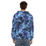 Blue Electric Lightning Print Men's Velvet Pullover Hoodie
