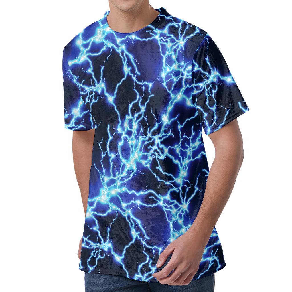 Blue Electric Lightning Print Men's Velvet T-Shirt