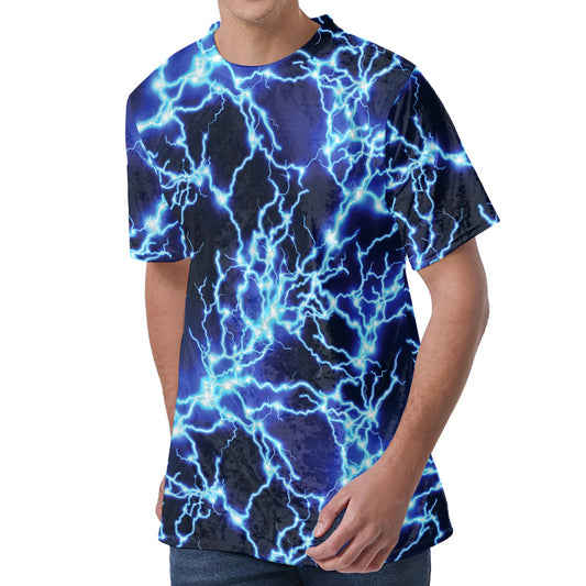 Blue Electric Lightning Print Men's Velvet T-Shirt