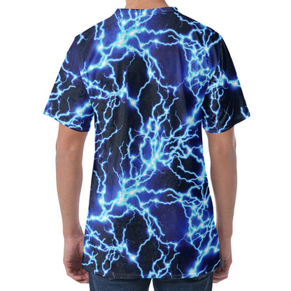 Blue Electric Lightning Print Men's Velvet T-Shirt