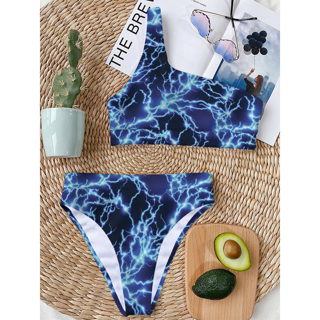 Blue Electric Lightning Print One Shoulder Bikini Top