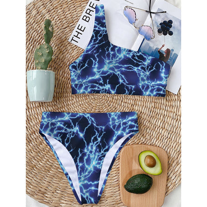 Blue Electric Lightning Print One Shoulder Bikini Top