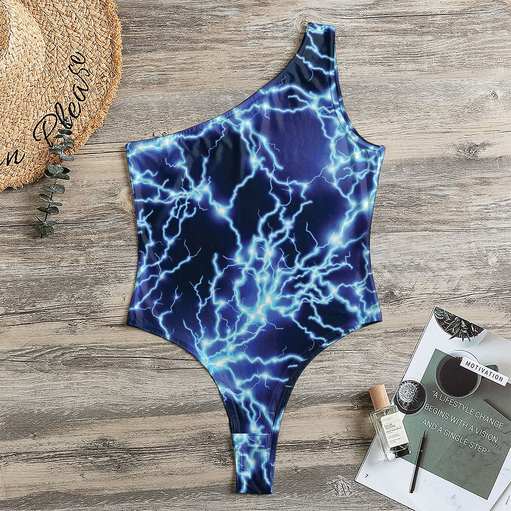 Blue Electric Lightning Print One Shoulder Bodysuit