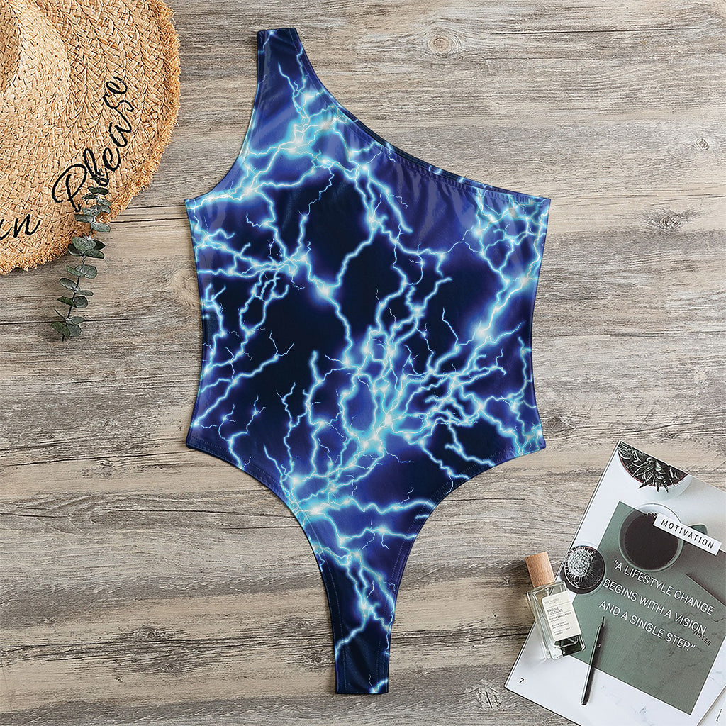 Blue Electric Lightning Print One Shoulder Bodysuit