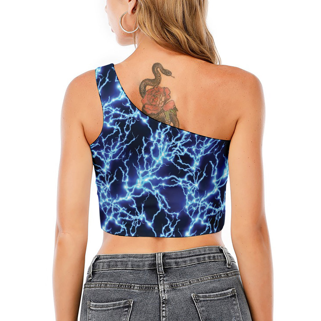 Blue Electric Lightning Print One Shoulder Crop Top