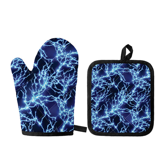 Blue Electric Lightning Print Oven Mitt And Pot Holder Set