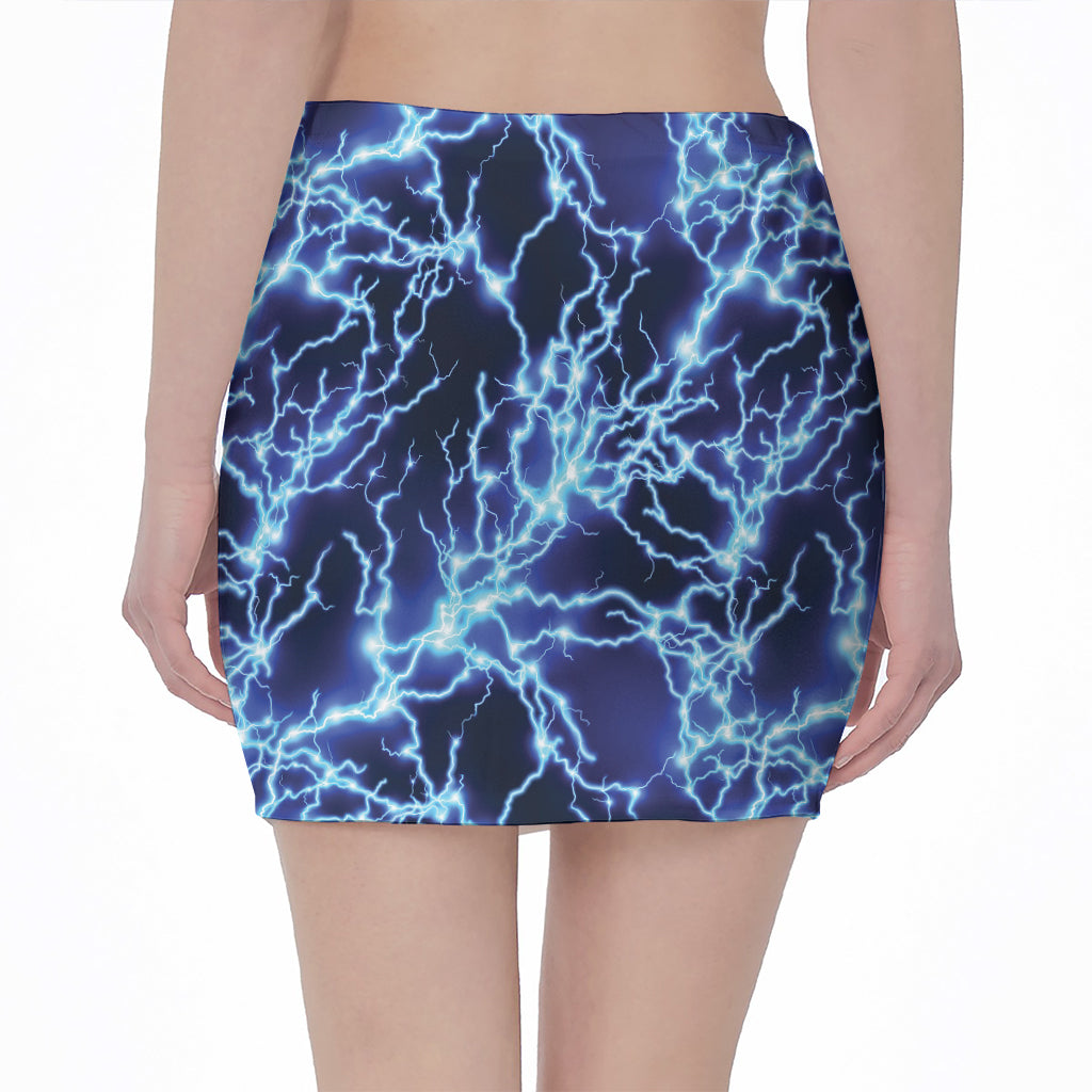 Blue Electric Lightning Print Pencil Mini Skirt