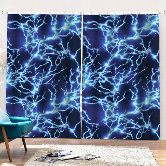 Blue Electric Lightning Print Pencil Pleat Curtains