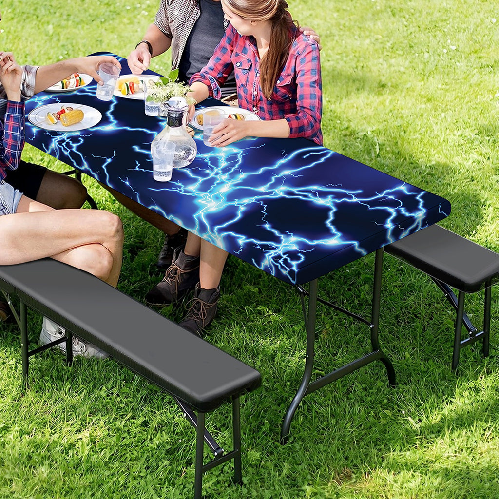Blue Electric Lightning Print Picnic Table Cover