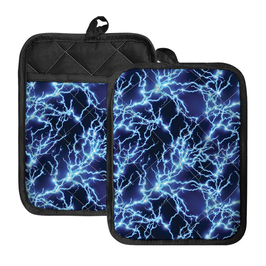 Blue Electric Lightning Print Pot Holders With Pocket