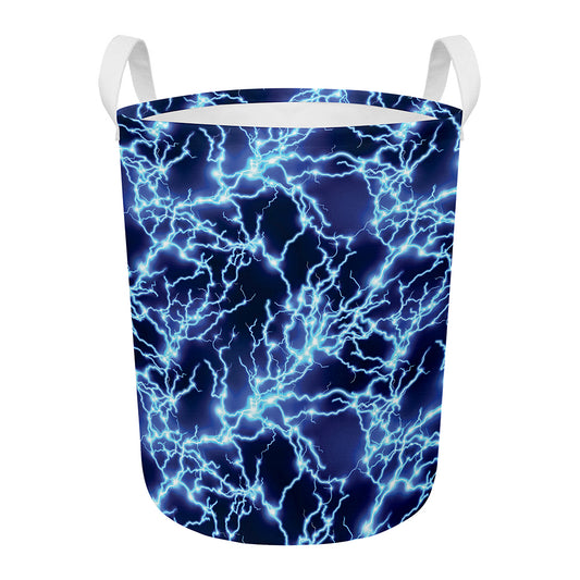 Blue Electric Lightning Print Round Laundry Basket