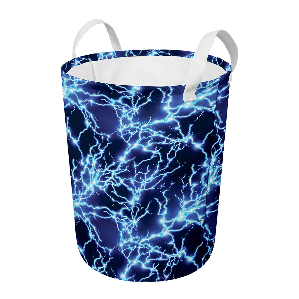 Blue Electric Lightning Print Round Laundry Basket