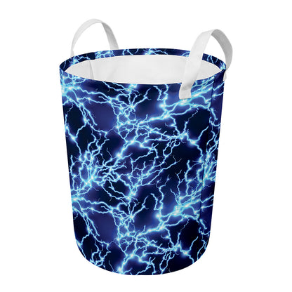 Blue Electric Lightning Print Round Laundry Basket