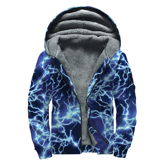 Blue Electric Lightning Print Sherpa Lined Zip Up Hoodie