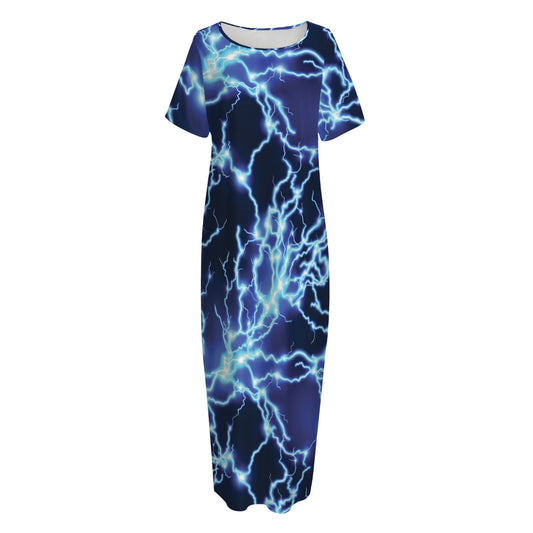 Blue Electric Lightning Print Short Sleeve Long Nightdress