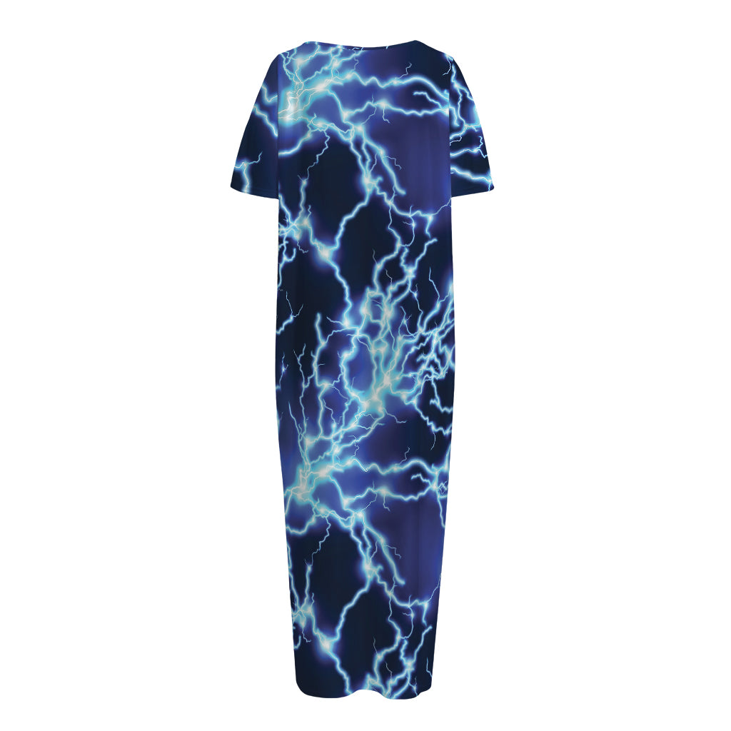Blue Electric Lightning Print Short Sleeve Long Nightdress