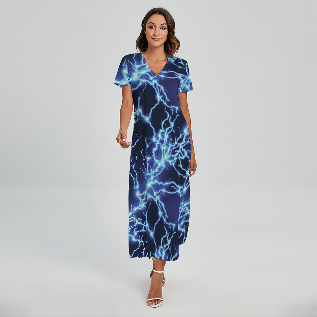 Blue Electric Lightning Print Short Sleeve Maxi Dress