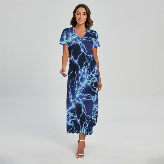 Blue Electric Lightning Print Short Sleeve Maxi Dress