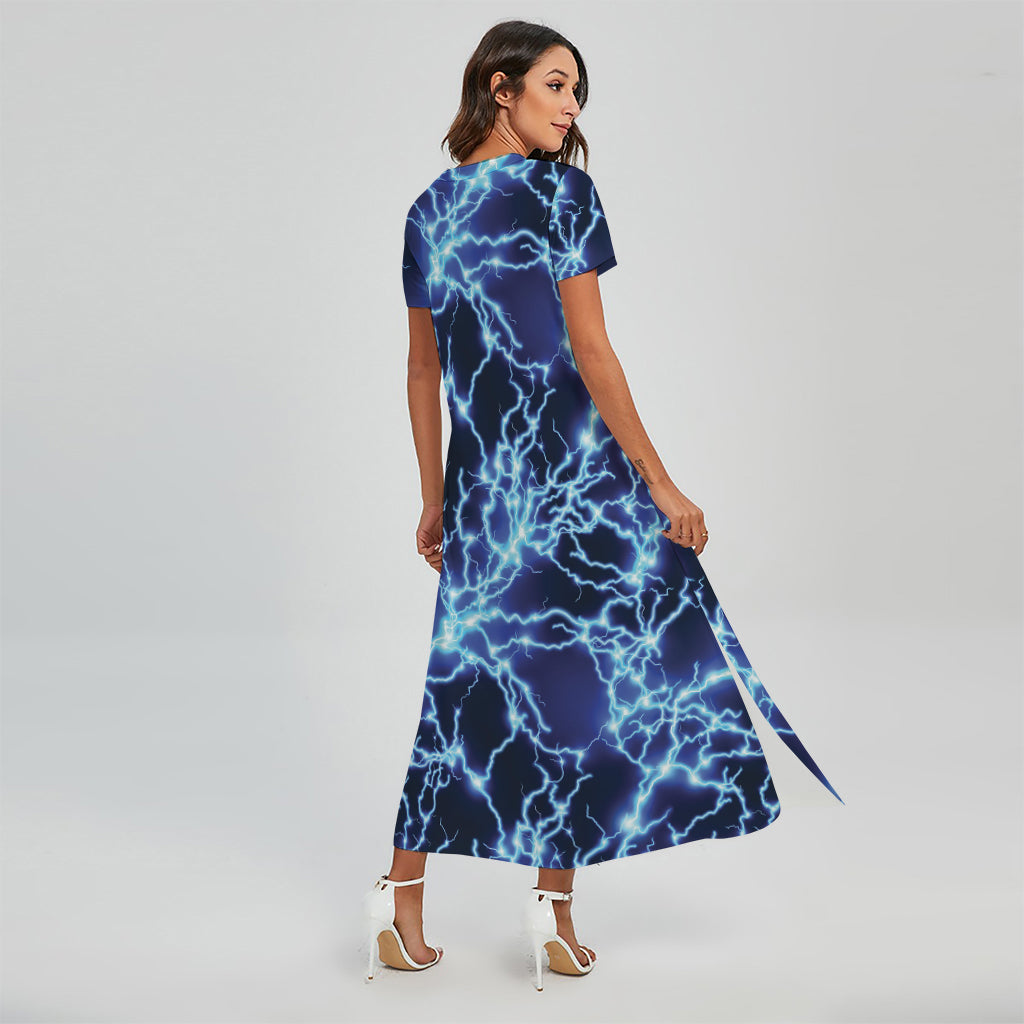Blue Electric Lightning Print Short Sleeve Maxi Dress