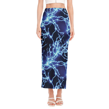 Blue Electric Lightning Print Side Slit Maxi Skirt