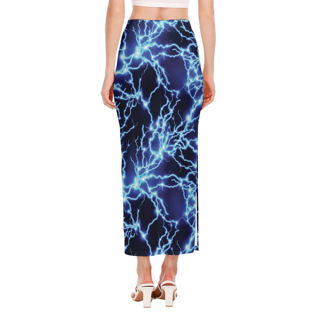Blue Electric Lightning Print Side Slit Maxi Skirt