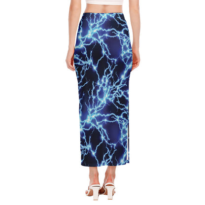 Blue Electric Lightning Print Side Slit Maxi Skirt