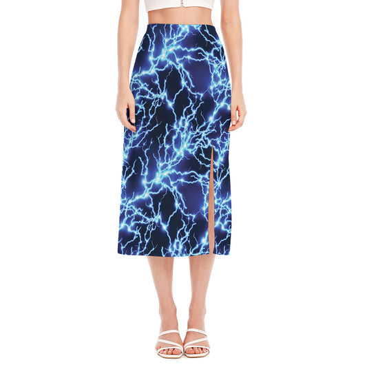 Blue Electric Lightning Print Side Slit Midi Skirt