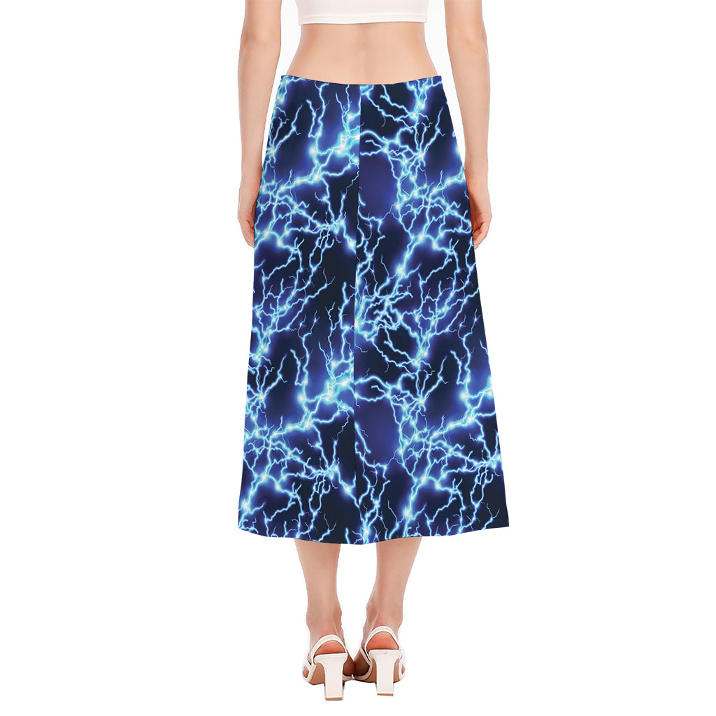 Blue Electric Lightning Print Side Slit Midi Skirt