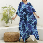 Blue Electric Lightning Print Silk V-Neck Kaftan Dress