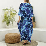 Blue Electric Lightning Print Silk V-Neck Kaftan Dress