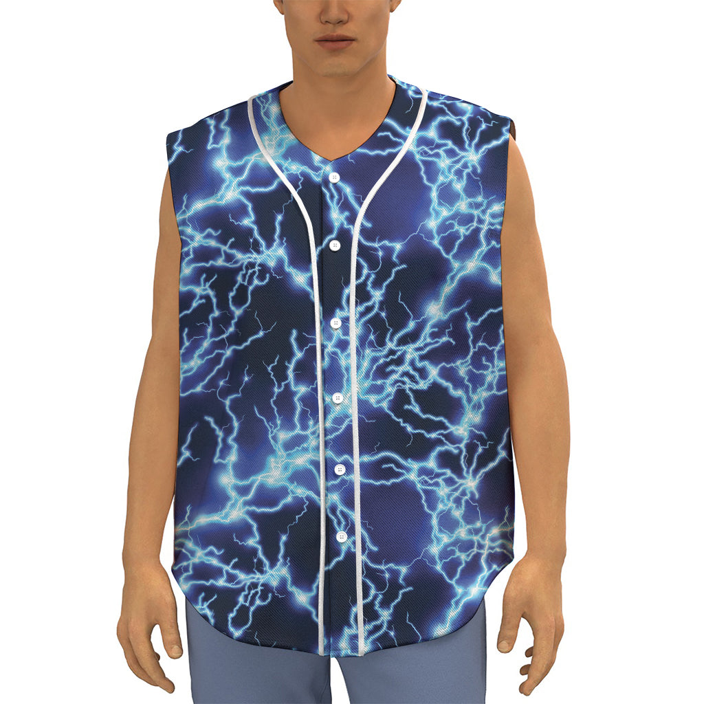 Blue Electric Lightning Print Sleeveless Baseball Jersey