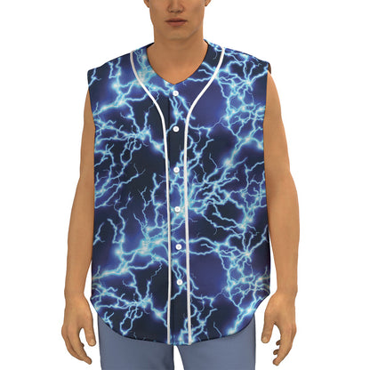 Blue Electric Lightning Print Sleeveless Baseball Jersey