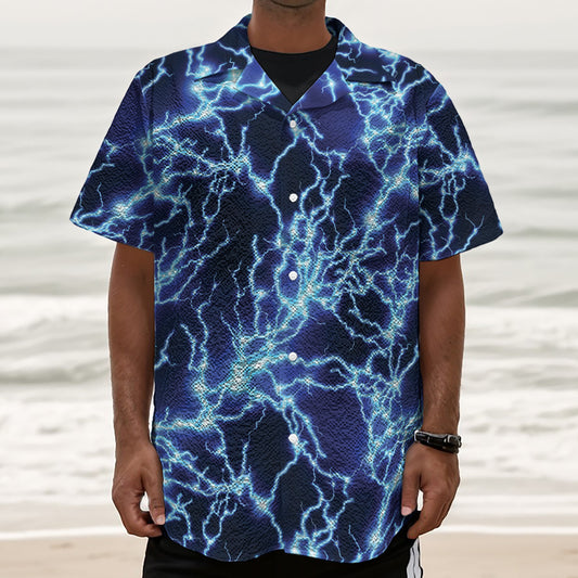 Blue Electric Lightning Print Textured Short Sleeve Shirt