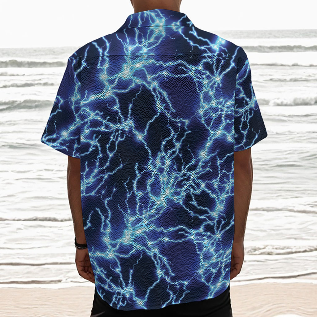 Blue Electric Lightning Print Textured Short Sleeve Shirt