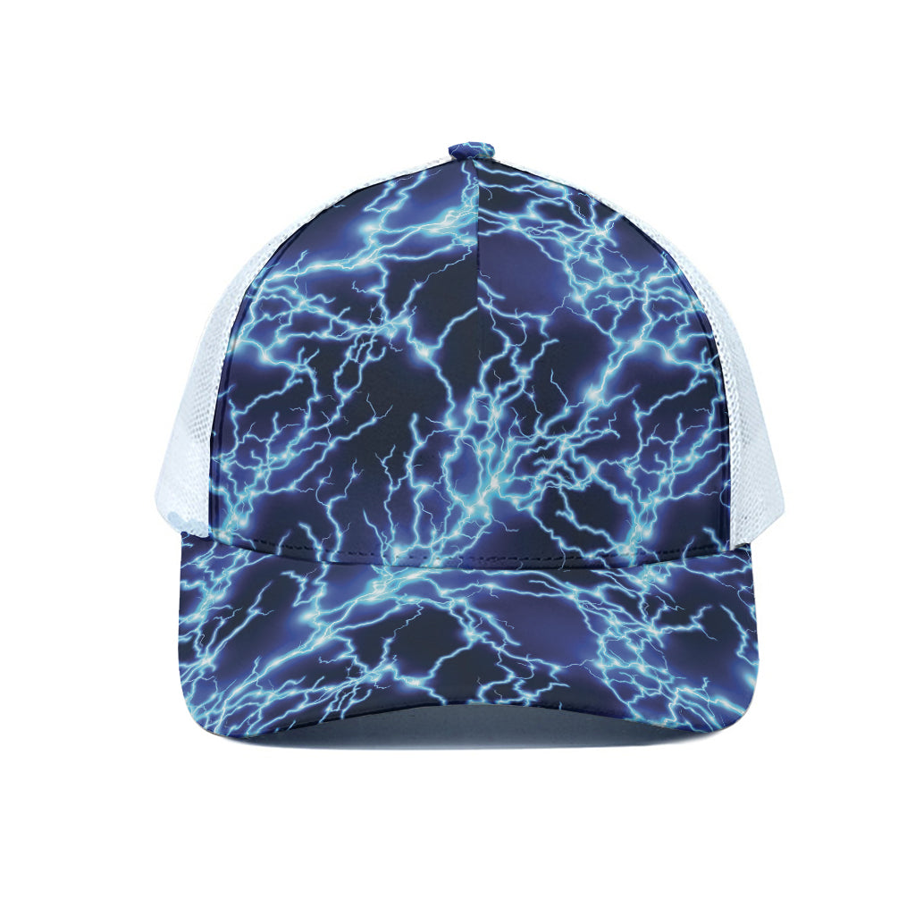 Blue Electric Lightning Print White Mesh Trucker Cap