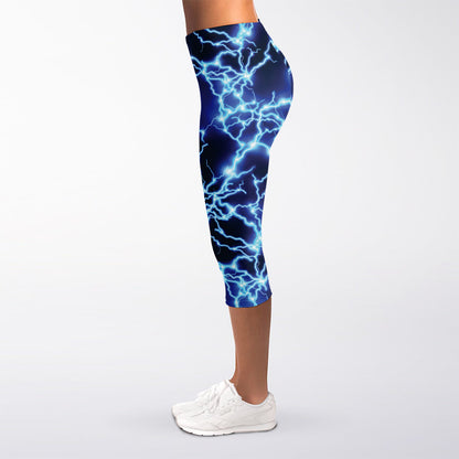 Blue Electric Lightning Print Women's Capri Leggings