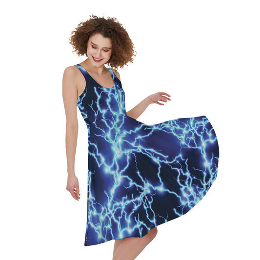 Blue Electric Lightning Print Women's Sleeveless Dress